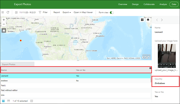 Campos mostrados en el panel lateral pero no en la tabla del estudio en el sitio web de ArcGIS Survey123 .