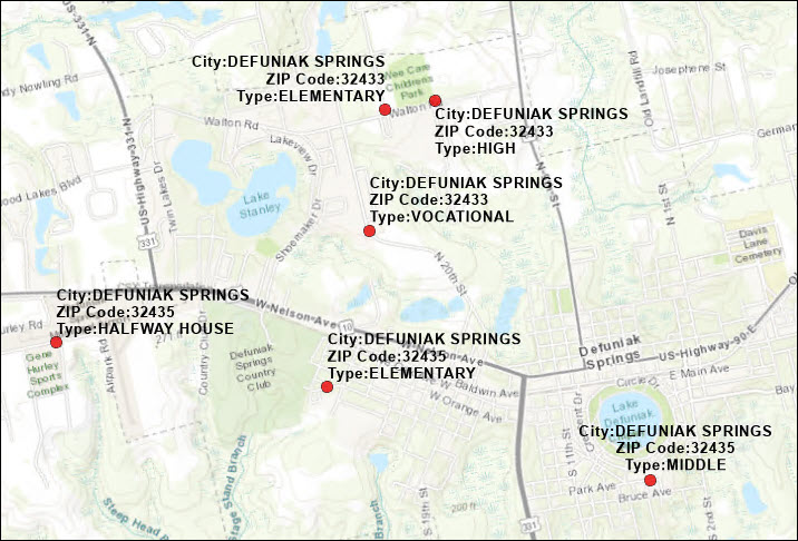 The map displays the distribution of schools in Florida labeled with their respective city name, ZIP Code, and school type.