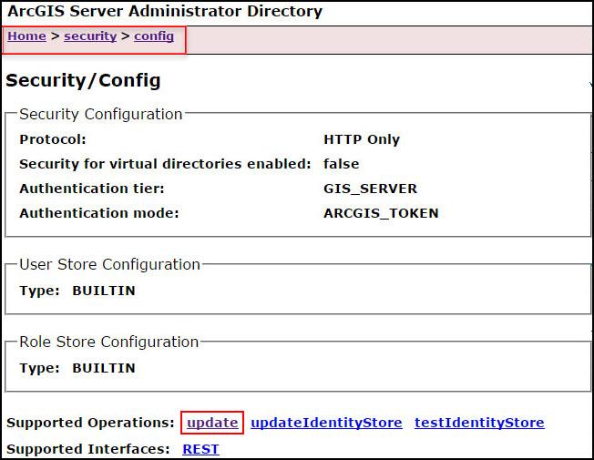 A página ArcGIS Server Administrator Directory Update para alterar o protocolo de segurança.