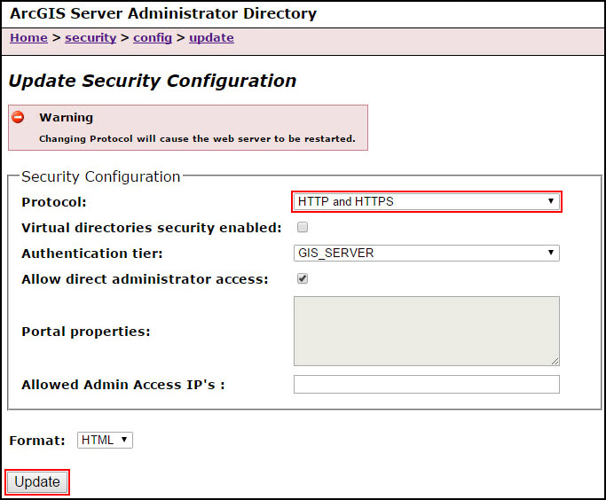 A seção Configuração de Segurança para alterar o protocolo de segurança para HTTP e HTTPS.