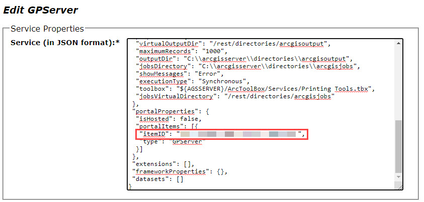 The itemID parameter in the Service Properties textbox.
