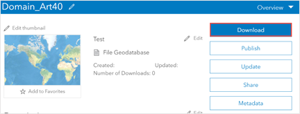 En la página de detalles del elemento de la geodatabase de archivos, existe la opción Descargar en el lado derecho de la página.