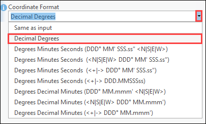 Seleccione el formato de coordenadas deseado para la salida en la lista desplegable Formato de coordenadas. Haga clic en la flecha desplegable para abrir la lista.