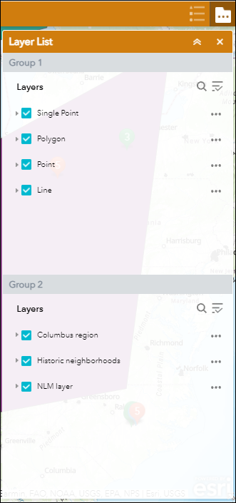 The group layers are displayed in different Layer List widgets accordingly in ArcGIS Web AppBuilder.