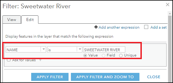 Es wird ein Filter angewendet, damit nur Features mit dem Namen SWEETWATER RIVER angezeigt werden.