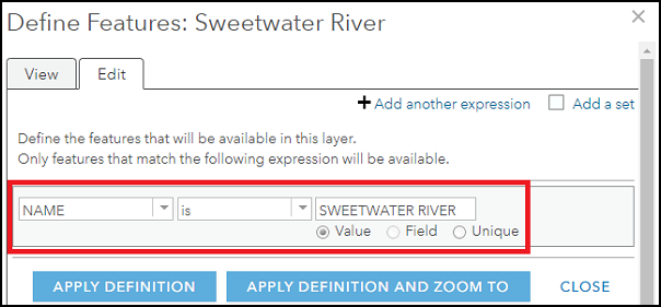 Es wird eine Definition der Sicht für den Layer festgelegt, damit nur Features mit dem Namen SWEETWATER RIVER angezeigt werden.