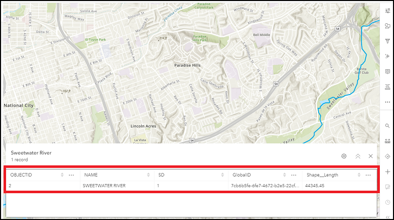 Nur SWEETWATER RIVER ist sichtbar, wenn der Layer geöffnet wird, nachdem eine Definition der Sicht in ArcGIS Online festgelegt wurde.