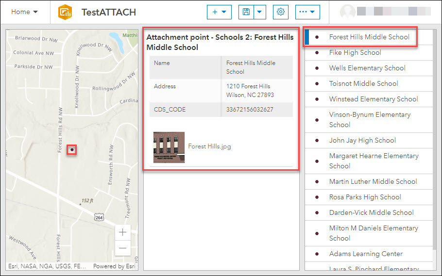 The image of an interactive ArcGIS Dashboard displaying features attributes, attachments, and location.