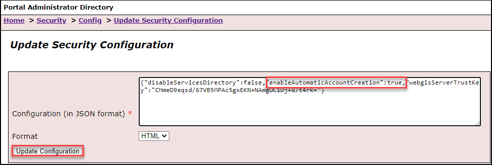 [Set enableAutomaticAccountCreation] 構成が [true] に設定された [Update Security Configuration] ページ。