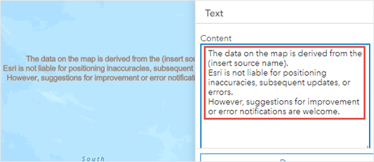 The disclaimer text is added in the Content box in the Text pane as a text feature.