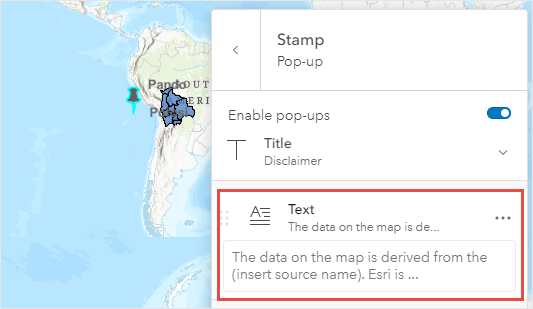 The disclaimer text is added as a pop-up under Text in the Stamp pane.
