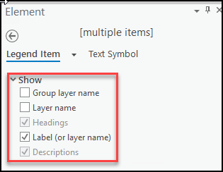 Panel Elementos de leyenda en ArcGIS Pro al configurar las propiedades de leyenda