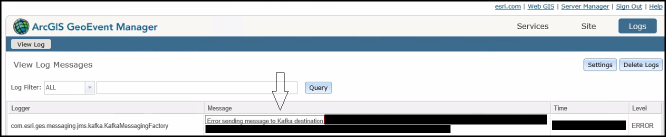 Die Fehlermeldung auf der Log-Seite von GeoEvent Manager