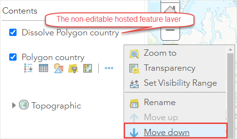 Las opciones Mover hacia abajo y Mover hacia arriba aparecen al hacer clic con el botón derecho en la capa de entidades alojada no editable para organizar el orden de las capas en el panel Contenido.