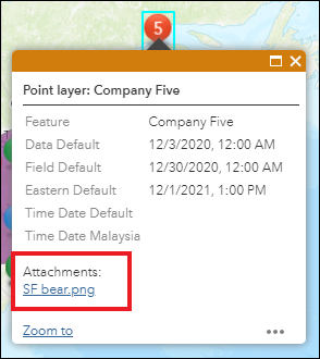 在 ArcGIS Web AppBuilder 弹出窗口中显示的附件。