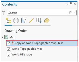 ArcGIS Pro 中的“内容”窗格显示了带有感叹号的矢量切片图层。
