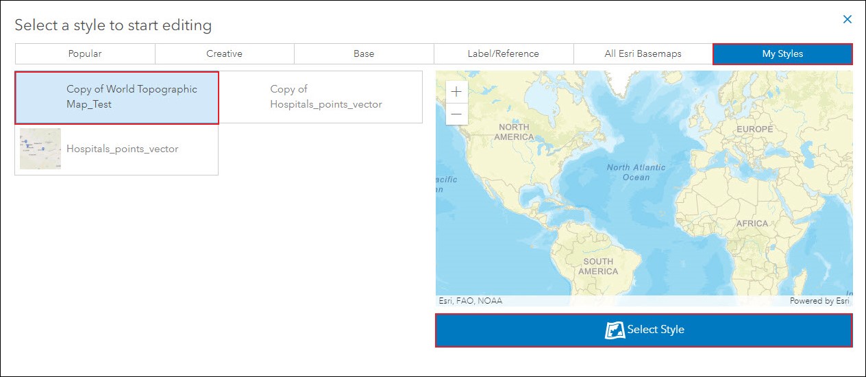 ArcGIS 矢量样式编辑器显示了要选择的图层。