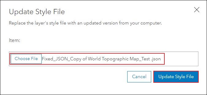 “更新样式文件”窗口显示了已修改的所选 JSON。 单击“更新样式文件”。