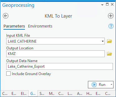 “KML 转图层”工具可将 KML 或 KMZ 文件转换为地理数据库要素类。