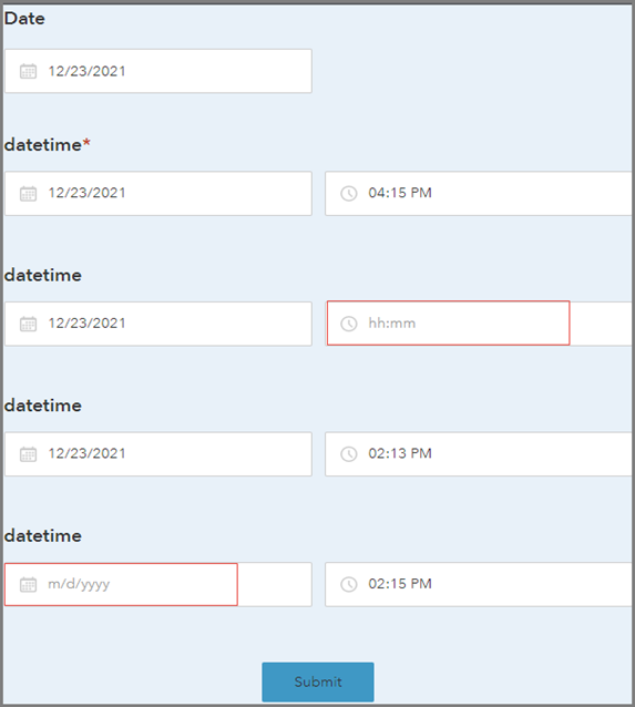 Wenn das Datum oder die Uhrzeit nicht eingetragen ist, wird bei der Übermittlung weder das Datum noch die Uhrzeit allein erfasst.