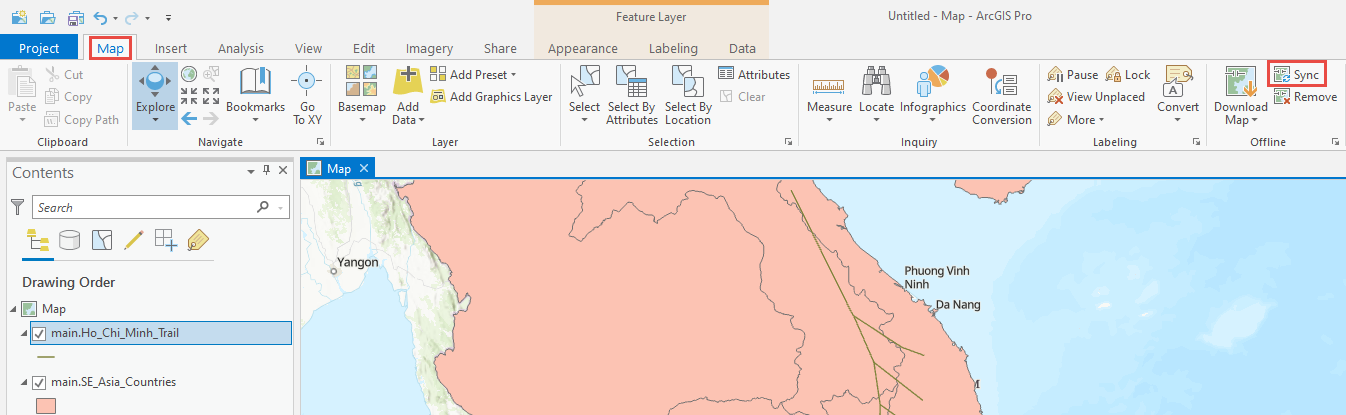 The location of the Sync icon in the Offline group of the Map tab