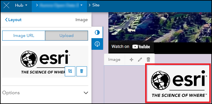 Das Fenster des ArcGIS Hub-Site-Editors