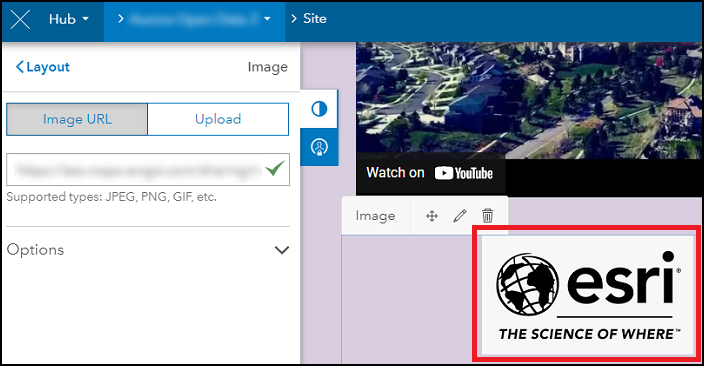 Das Bild mit der zu ersetzenden URL in der ArcGIS Hub-Site