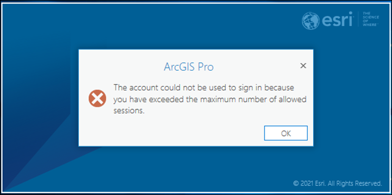 Bei der Anmeldung bei ArcGIS Pro tritt ein Fehler auf, und es wird eine Fehlermeldung zurückgegeben.