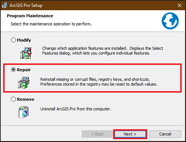 Run the ArcGIS Pro installer to repair it.