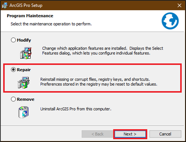 Führen Sie das ArcGIS Pro-Installationsprogramm aus, um das Programm zu reparieren.