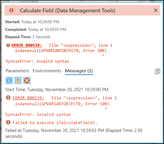 The error message is returned when attempting to run the Calculate Field tool.