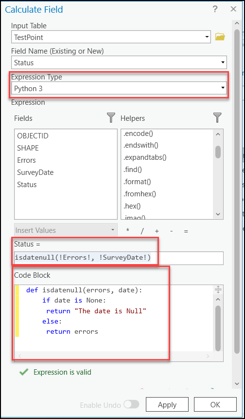 The date field (SurveyDate) is used as the second parameter instead, and the text field (Errors) is used as the first parameter in the Python expression.