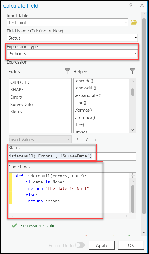 Stattdessen wird das Datumsfeld (SurveyDate) als zweiter Parameter verwendet, und das Textfeld (Errors) wird als erster Parameter im Python-Ausdruck verwendet.