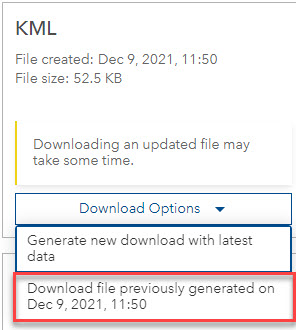 Die Option zum Herunterladen einer zuvor erstellten Datei in ArcGIS Hub