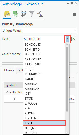 Auswählen des Feldes LEVEL für die Option 