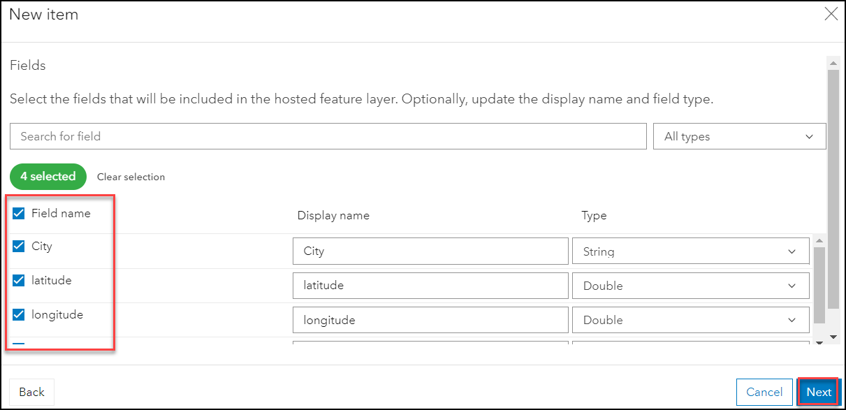 Der gehostete Feature-Layer mit den Feldern, die aufgenommen werden sollen.