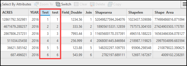 Die Join-Tabelle in ArcGIS Pro mit einem Schlüssel mit Feldwerten, die in den Feature-Classes übereinstimmen.