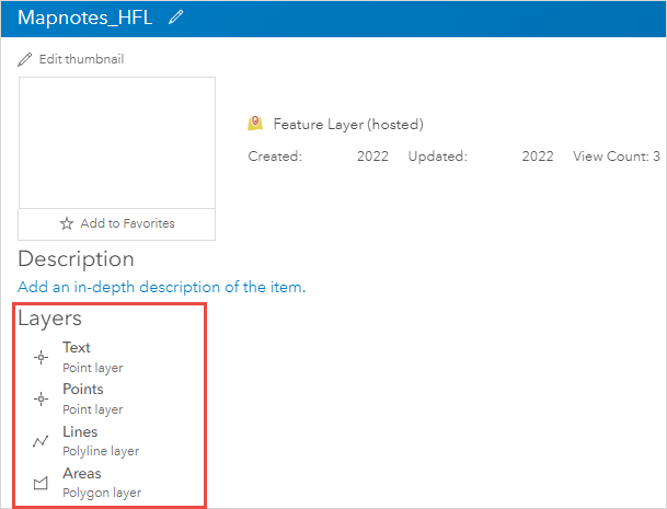 Auf der Elementseite wird der Kartennotizen-Layer als gehosteter Feature-Layer mit den drei separaten Layern Punkt, Polylinie und Polygon veröffentlicht.