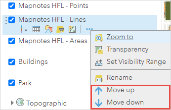 Die Option zum Verschieben gehosteter Feature-Layers, die aus dem Kartennotizen-Layer heraus gespeichert werden, steht im Bereich
