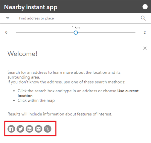 Das Fenster der Instant-App mit standardmäßig angezeigten Schaltflächen für Social Media.