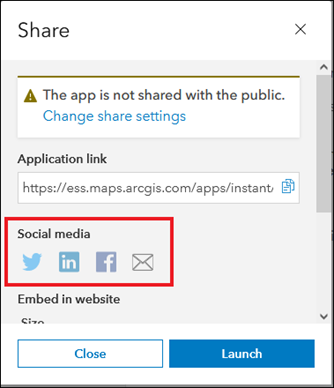 Die ArcGIS Instant Apps-Konfigurationsseite mit deaktivierten Schaltflächen für Social Media.