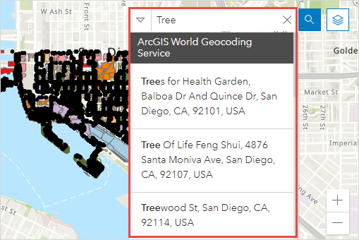 Die Suchergebnisse in der Webkarte zeigen die Adressen der Suchergebnisse vom ArcGIS World Geocoding Service in ArcGIS Dashboards an.