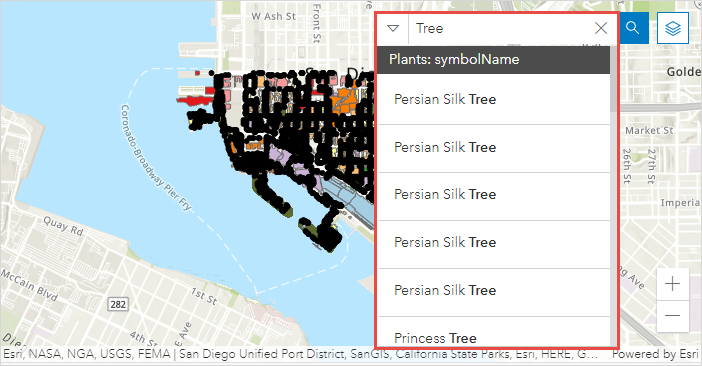 Die Suchergebnisse in der Webkarte zeigen die gesuchten Features des Layers in ArcGIS Dashboards an.