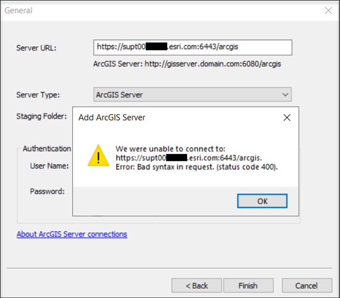 Error we were unable to connect to error bad syntax in request