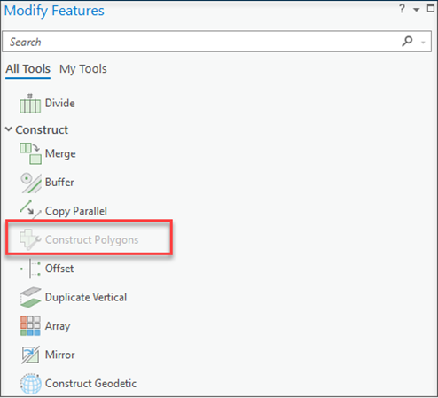 The Modify Features pane with the Disabled Construct Polygons tool option.
