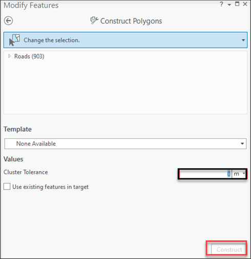 The Construct Polygons tool window with the Disabled Construct box