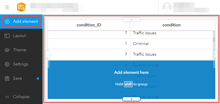 The location of the Add element button in the dashboard toolbar and the dashboard