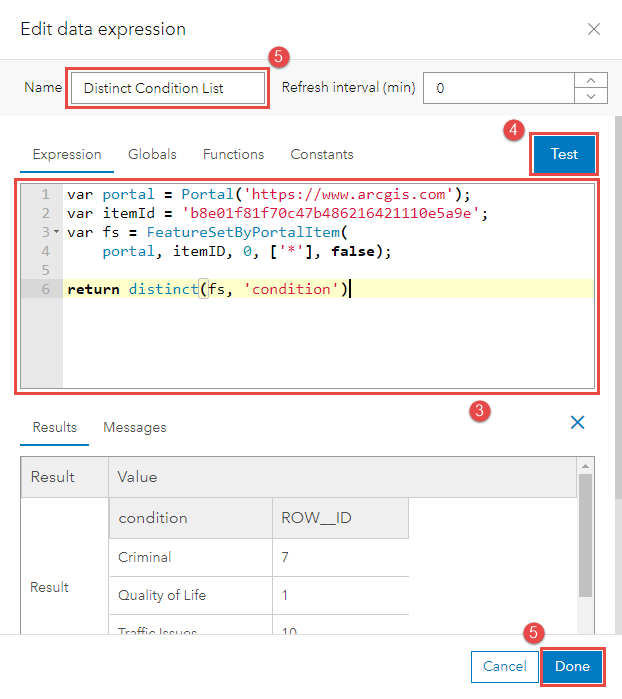Specifying the Arcade expression in the Expression dialog box, reviewing the sample of the expression's test results, and giving the expression a name for future reference
