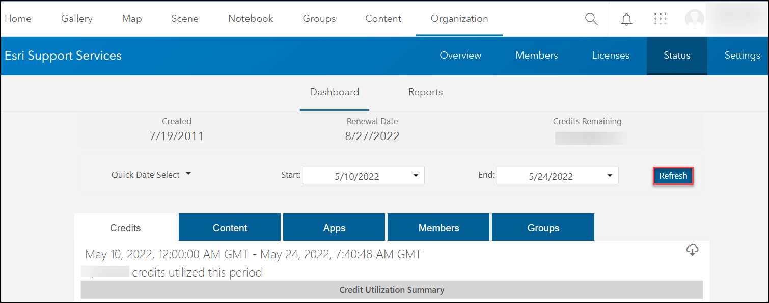 The Refresh button on the Status page in ArcGIS Online.