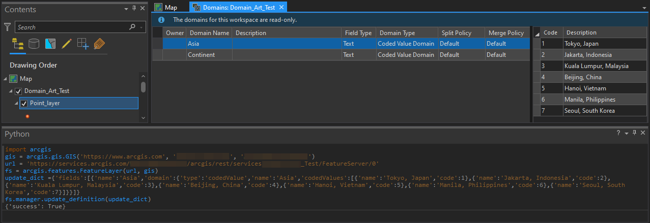 Das Python-Skript und die Ergebnisse der aktualisierten Domänen der gehosteten Feature-Layer